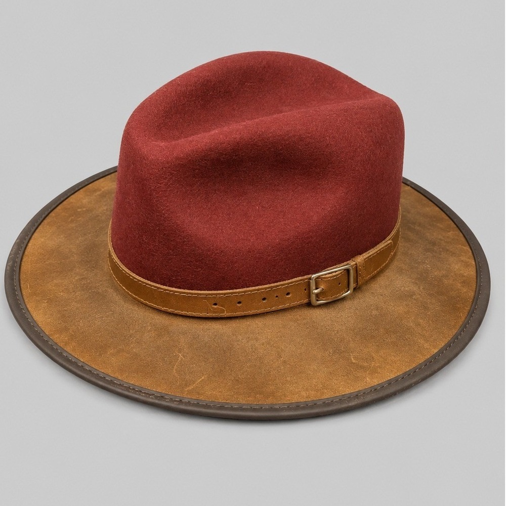 Overland Sheepskin Co Red Wool Felt Tan Leather Wide Brim Fedora Hat USA Made M